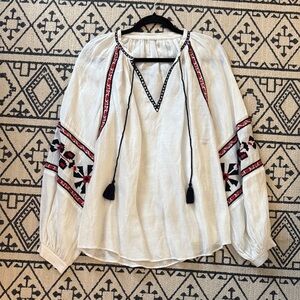 Boho Embroidered Peasant Blouse - White with Red & Black Accents
